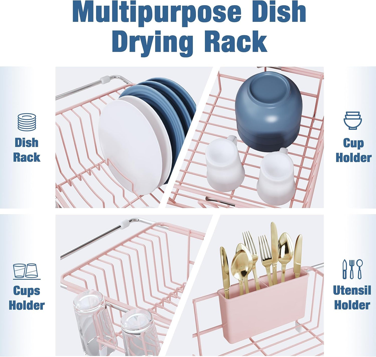 Black Dish Drying Rack in Sink, Dish Drainer with Utensil Holder | Over The Sink Expandable Stainless Steel Strainer Dryer Rack for Small Kitchen, Counter Space Saving, Fast Drain, Rustproof