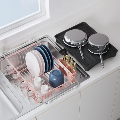 Black Dish Drying Rack in Sink, Dish Drainer with Utensil Holder | Over The Sink Expandable Stainless Steel Strainer Dryer Rack for Small Kitchen, Counter Space Saving, Fast Drain, Rustproof