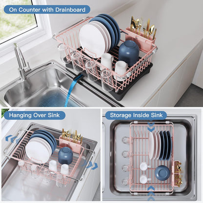 Black Dish Drying Rack in Sink, Dish Drainer with Utensil Holder | Over The Sink Expandable Stainless Steel Strainer Dryer Rack for Small Kitchen, Counter Space Saving, Fast Drain, Rustproof