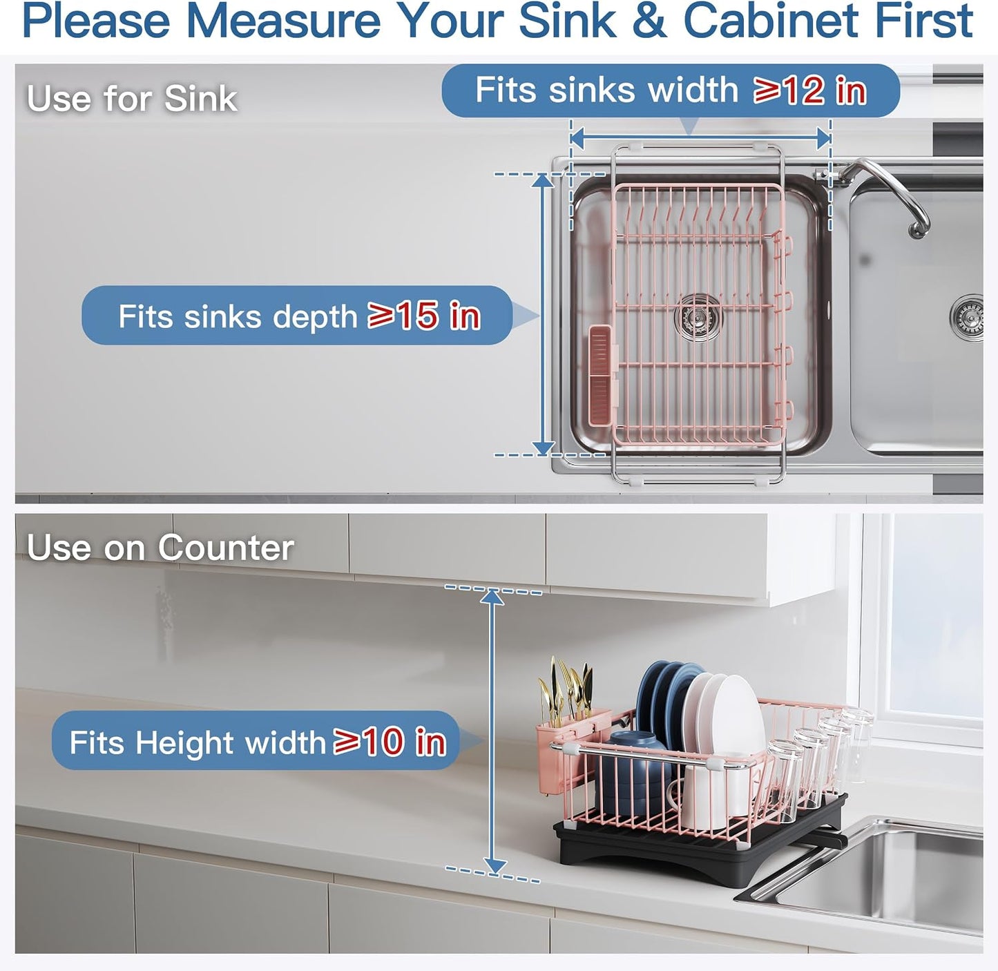 Black Dish Drying Rack in Sink, Dish Drainer with Utensil Holder | Over The Sink Expandable Stainless Steel Strainer Dryer Rack for Small Kitchen, Counter Space Saving, Fast Drain, Rustproof