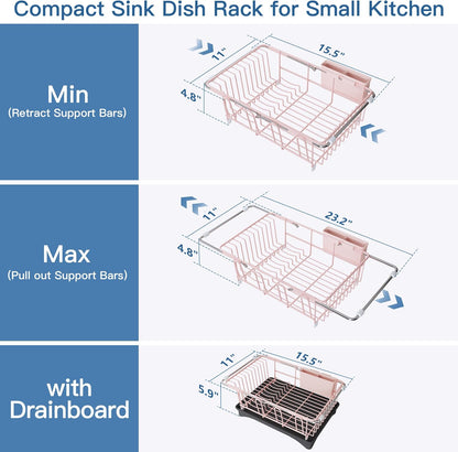 Black Dish Drying Rack in Sink, Dish Drainer with Utensil Holder | Over The Sink Expandable Stainless Steel Strainer Dryer Rack for Small Kitchen, Counter Space Saving, Fast Drain, Rustproof
