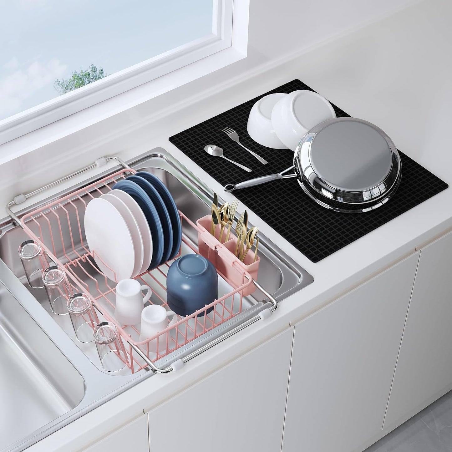 Black Dish Drying Rack in Sink, Dish Drainer with Utensil Holder | Over The Sink Expandable Stainless Steel Strainer Dryer Rack for Small Kitchen, Counter Space Saving, Fast Drain, Rustproof