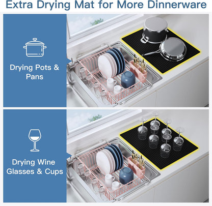 Black Dish Drying Rack in Sink, Dish Drainer with Utensil Holder | Over The Sink Expandable Stainless Steel Strainer Dryer Rack for Small Kitchen, Counter Space Saving, Fast Drain, Rustproof