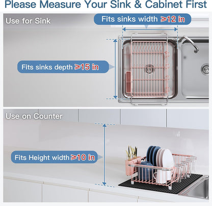 Black Dish Drying Rack in Sink, Dish Drainer with Utensil Holder | Over The Sink Expandable Stainless Steel Strainer Dryer Rack for Small Kitchen, Counter Space Saving, Fast Drain, Rustproof