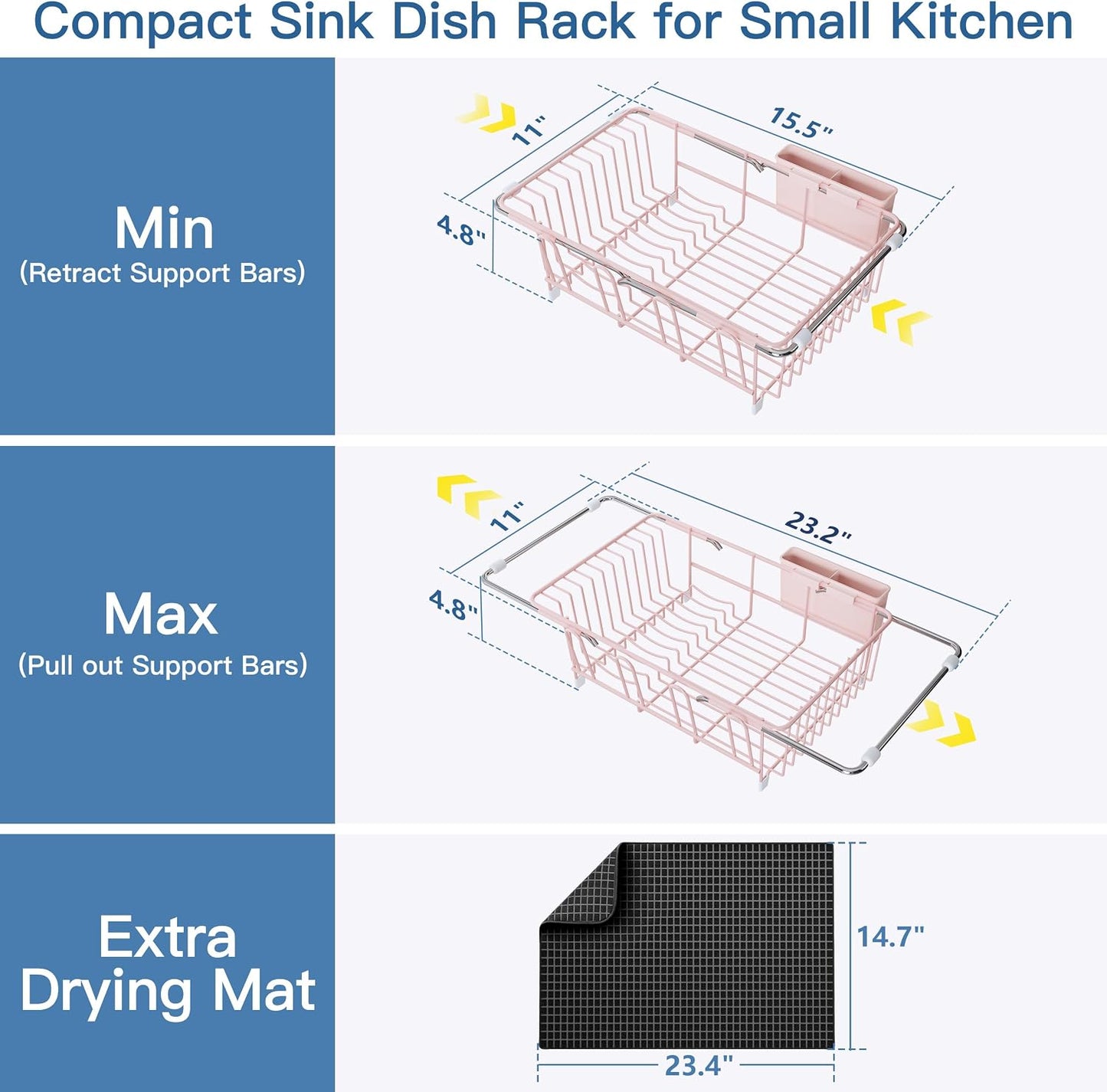 Black Dish Drying Rack in Sink, Dish Drainer with Utensil Holder | Over The Sink Expandable Stainless Steel Strainer Dryer Rack for Small Kitchen, Counter Space Saving, Fast Drain, Rustproof