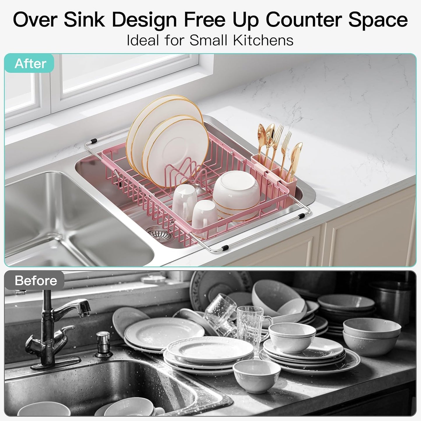 Black Dish Drying Rack in Sink, Dish Drainer with Utensil Holder | Over The Sink Expandable Stainless Steel Strainer Dryer Rack for Small Kitchen, Counter Space Saving, Fast Drain, Rustproof