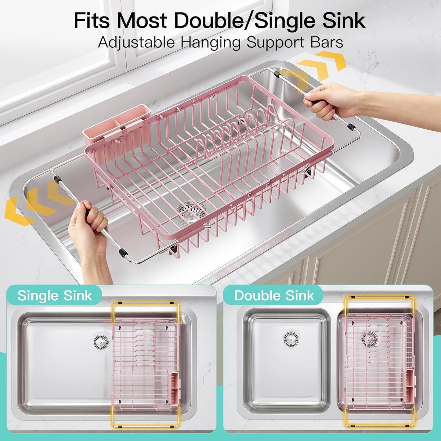 Black Dish Drying Rack in Sink, Dish Drainer with Utensil Holder | Over The Sink Expandable Stainless Steel Strainer Dryer Rack for Small Kitchen, Counter Space Saving, Fast Drain, Rustproof