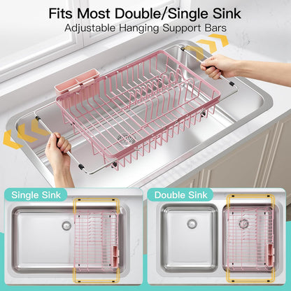 Black Dish Drying Rack in Sink, Dish Drainer with Utensil Holder | Over The Sink Expandable Stainless Steel Strainer Dryer Rack for Small Kitchen, Counter Space Saving, Fast Drain, Rustproof