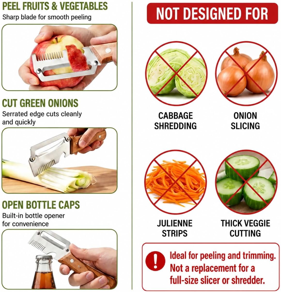 Left & Right Hand Vegetable Peeler Set with Scallion Slicer & Bottle Opener, Heavy-Duty Thick Stainless Steel Blade, Multi-Function Kitchen Peeler with Wooden Handle for Fruits & Vegetables(New 2pcs)