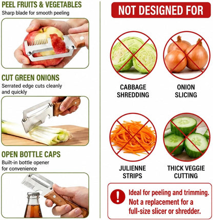 Left & Right Hand Vegetable Peeler Set with Scallion Slicer & Bottle Opener, Heavy-Duty Thick Stainless Steel Blade, Multi-Function Kitchen Peeler with Wooden Handle for Fruits & Vegetables(New 2pcs)