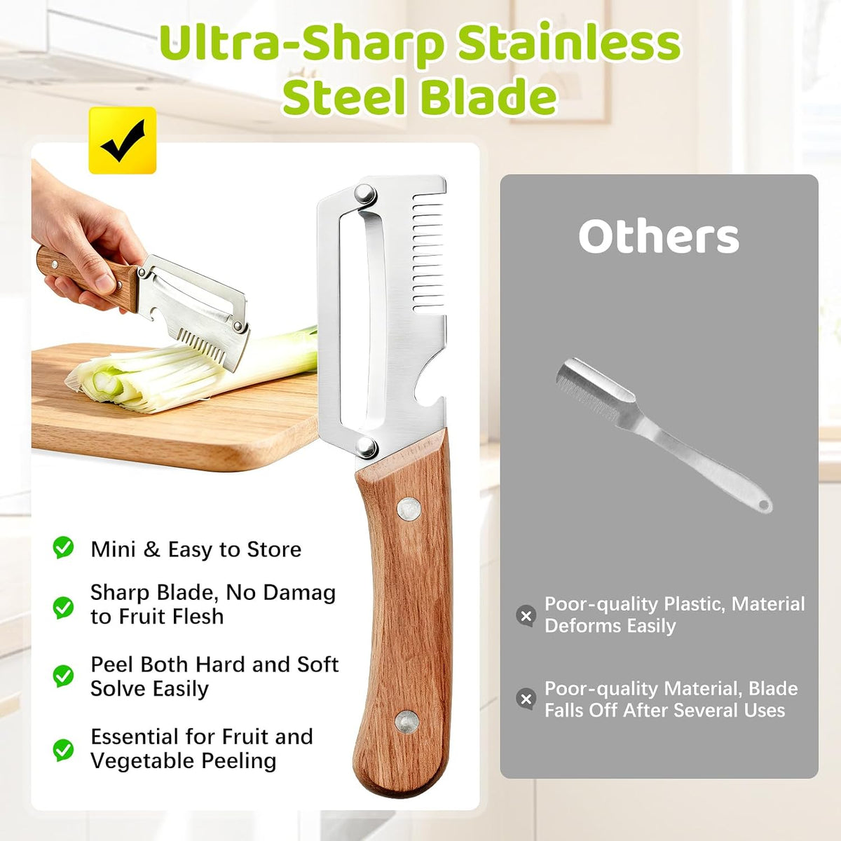 Left & Right Hand Vegetable Peeler Set with Scallion Slicer & Bottle Opener, Heavy-Duty Thick Stainless Steel Blade, Multi-Function Kitchen Peeler with Wooden Handle for Fruits & Vegetables(New 2pcs)