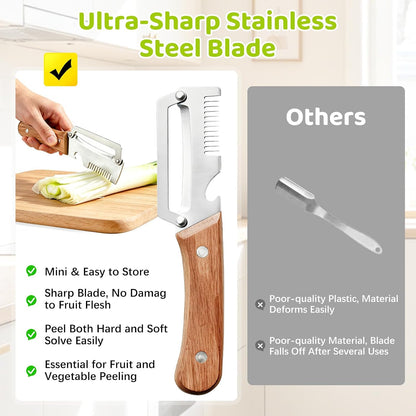 Left & Right Hand Vegetable Peeler Set with Scallion Slicer & Bottle Opener, Heavy-Duty Thick Stainless Steel Blade, Multi-Function Kitchen Peeler with Wooden Handle for Fruits & Vegetables(New 2pcs)