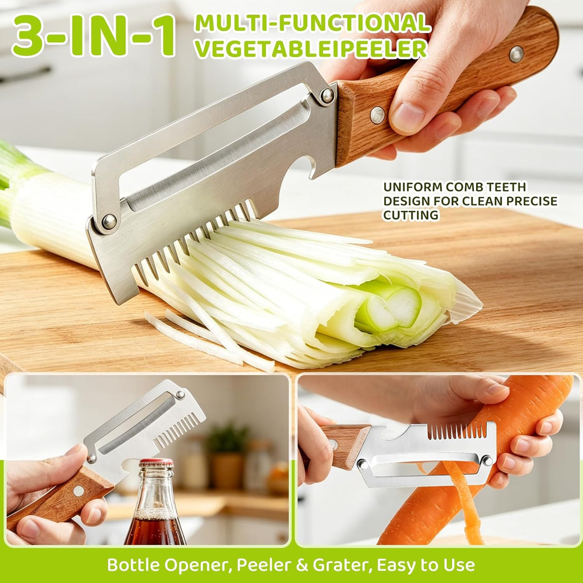 Left & Right Hand Vegetable Peeler Set with Scallion Slicer & Bottle Opener, Heavy-Duty Thick Stainless Steel Blade, Multi-Function Kitchen Peeler with Wooden Handle for Fruits & Vegetables(New 2pcs)