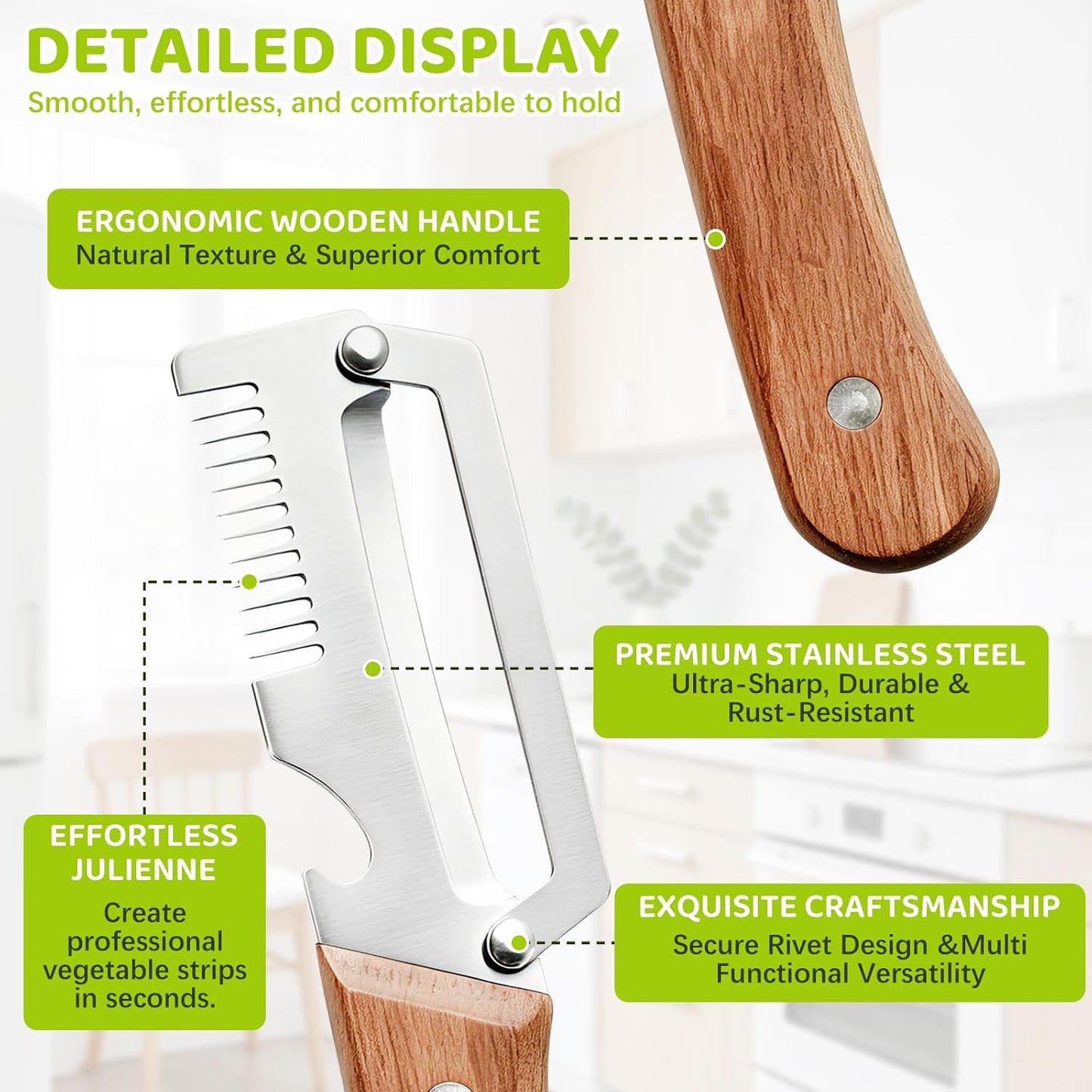 Left & Right Hand Vegetable Peeler Set with Scallion Slicer & Bottle Opener, Heavy-Duty Thick Stainless Steel Blade, Multi-Function Kitchen Peeler with Wooden Handle for Fruits & Vegetables(New 2pcs)