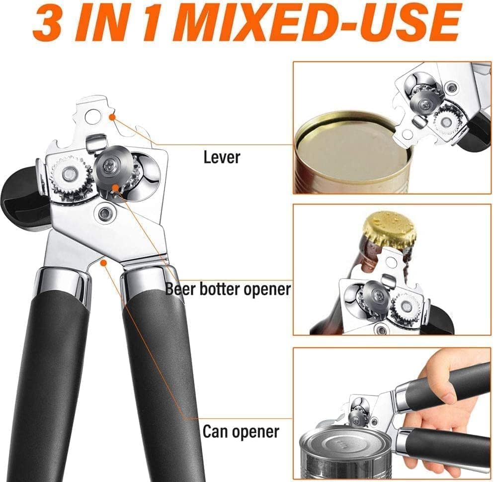 Can Opener Manual - 3 IN 1 Heavy Duty Handheld Can Openers, Stainless Steel Can Opener Manual Smooth Edge with Oversized Effort-saving Knob, Rust Proof Bottle Opener, Safe Cut Can Opener for Seniors