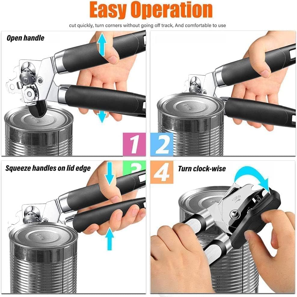 Can Opener Manual - 3 IN 1 Heavy Duty Handheld Can Openers, Stainless Steel Can Opener Manual Smooth Edge with Oversized Effort-saving Knob, Rust Proof Bottle Opener, Safe Cut Can Opener for Seniors