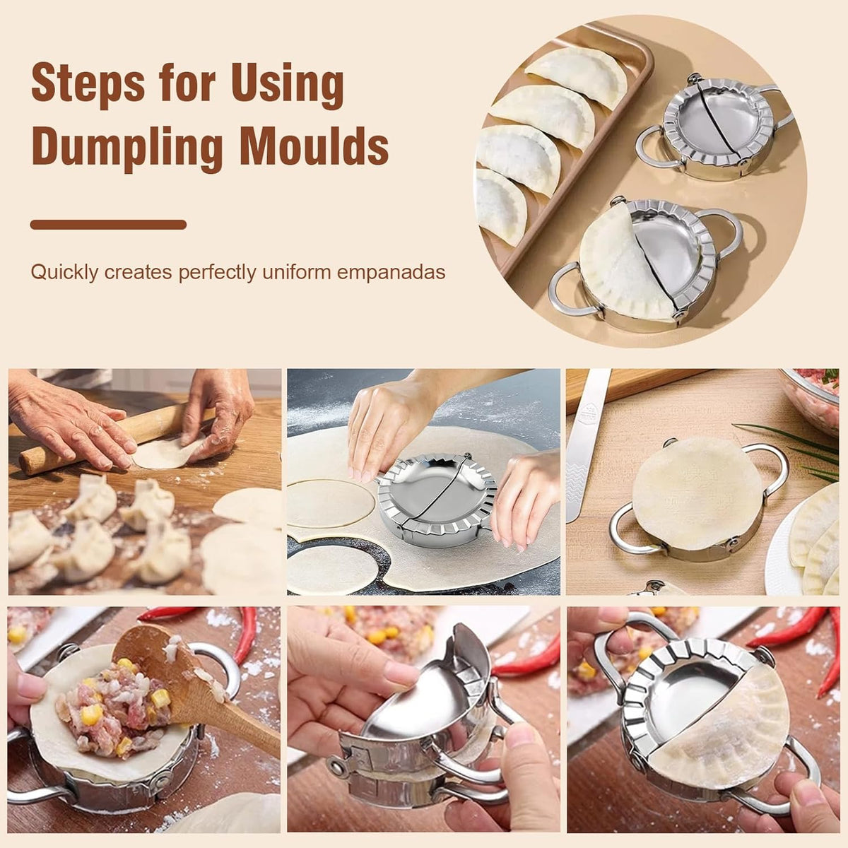 6-Inch Stainless Steel Empanada Press & Dumpling Maker – 2-in-1 Dough Cutter & Mold for Empanadas, Dumplings, Ravioli, Pierogi, & Hand Pies