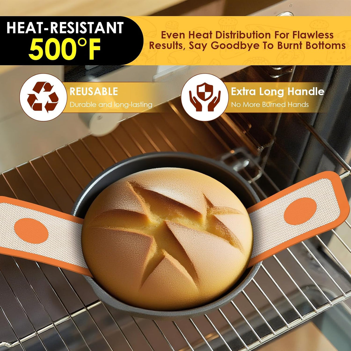 2 Pcs Silicone Bread Sling for Dutch Oven, 0.7MM Thickened Heat Resistant to 500°F Non-Stick Baking Mat with Long Handle Easy to Transfer Sourdough Bread, Dutch Oven Liners Baking Supplies