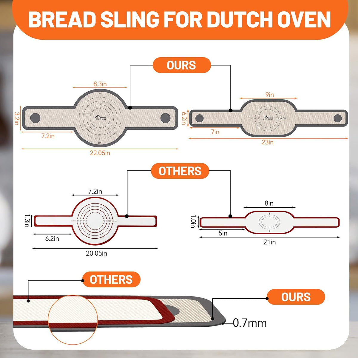 2 Pcs Silicone Bread Sling for Dutch Oven, 0.7MM Thickened Heat Resistant to 500°F Non-Stick Baking Mat with Long Handle Easy to Transfer Sourdough Bread, Dutch Oven Liners Baking Supplies