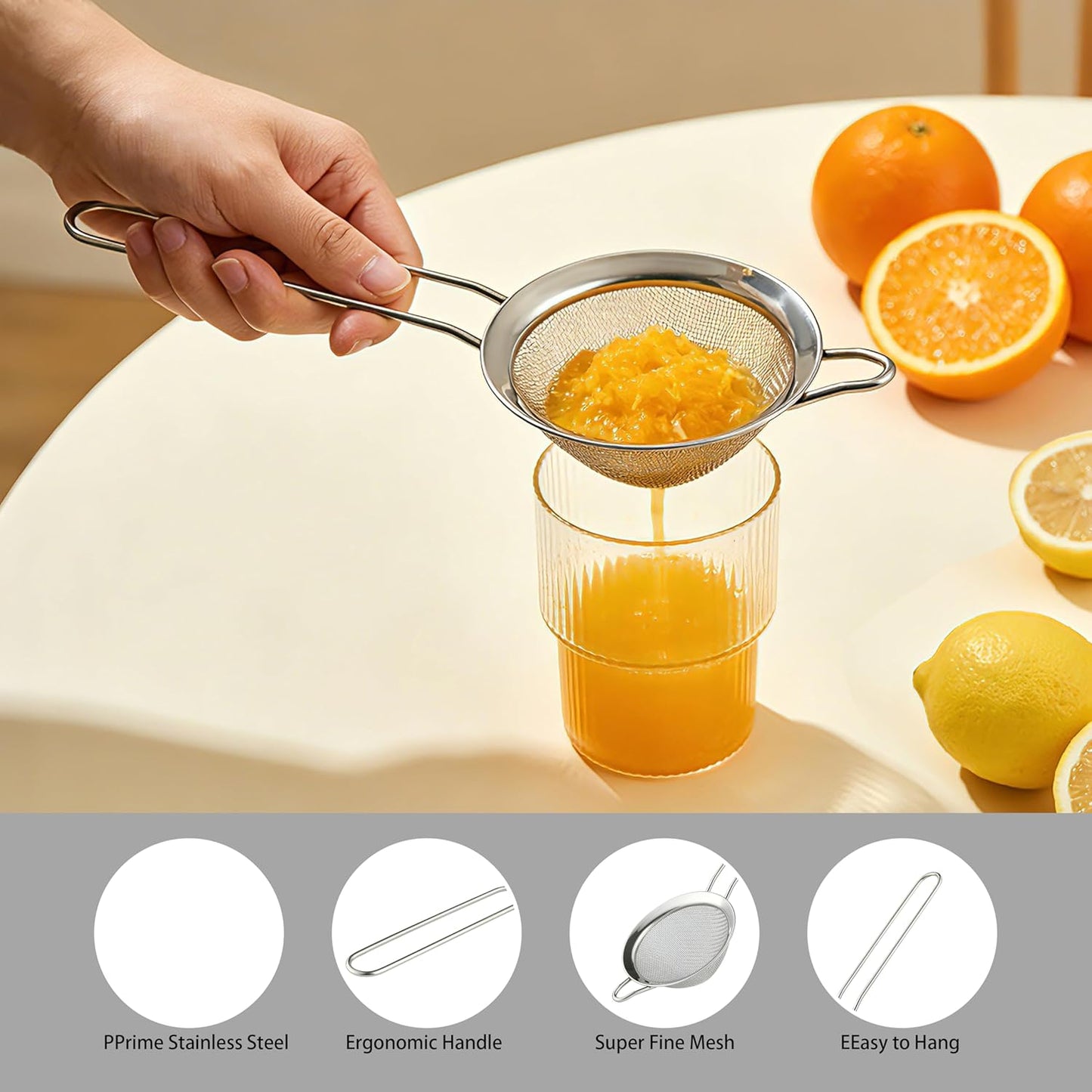 4PCS Fine Mesh Strainer, Stainless Steel Small Tea Cocktail Drink Strainers for Kitchen and Bar