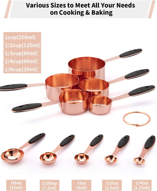 Copper Measuring Cups and Spoons Set of 10 Piece, Stainless Steel Nesting Measuring Cup Set with Soft Touch Silicone Handles for Dry and Liquid Ingredients
