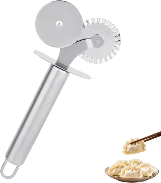 Double-Headed Pastry Cutter Wheel, Stainless Steel Dual-Head Pasta Crimper with Fluted & Straight Edge Cutting Kitchen Baking Making Tool for Ravioli Dough Pie Cracker Cinnamon Roll Pierogi