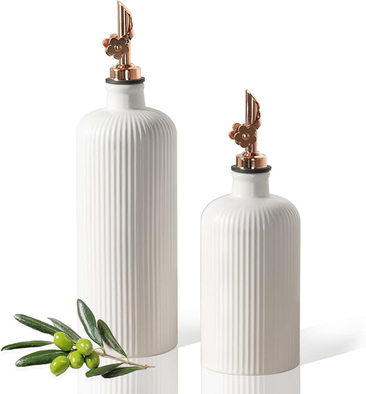 Olive Oil Dispenser Bottle Set of 2 (22 Oz + 14 Oz) - Porcelain Oil and Vinegar Bottles with Stainless Steel Spout, Ceramic Kitchen Cruet, Dishwasher Safe