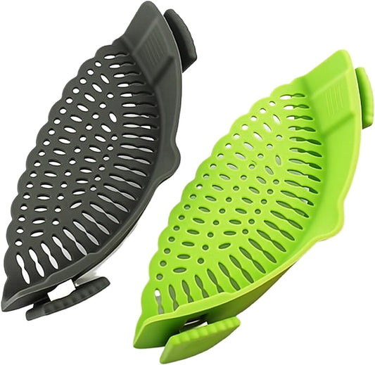2 Pack Clip-On Silicone Strainer for Ramen Noodles & Pasta - Foldable, Fits All Pots & Pans, Dishwasher Safe, Heat Resistant