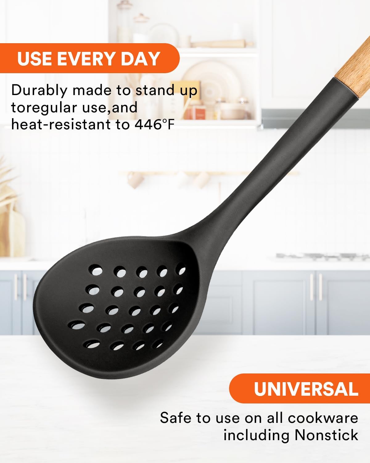 Kitchen Ladle Strainer, Large Slotted Spoon with High Heat Resistant BPA Free, Non Stick Cooking Skimmers For Draining & Frying, 13.2inch (Khaki)