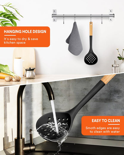 Kitchen Ladle Strainer, Large Slotted Spoon with High Heat Resistant BPA Free, Non Stick Cooking Skimmers For Draining & Frying, 13.2inch (Khaki)