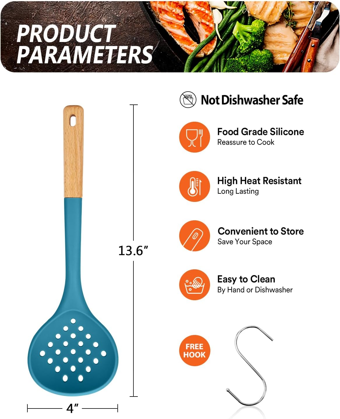 Kitchen Ladle Strainer, Large Slotted Spoon with High Heat Resistant BPA Free, Non Stick Cooking Skimmers For Draining & Frying, 13.2inch (Khaki)
