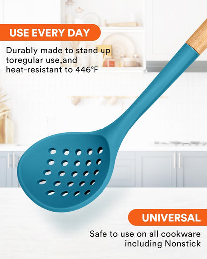 Kitchen Ladle Strainer, Large Slotted Spoon with High Heat Resistant BPA Free, Non Stick Cooking Skimmers For Draining & Frying, 13.2inch (Khaki)