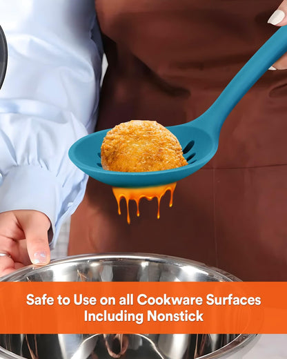 Kitchen Ladle Strainer, Large Slotted Spoon with High Heat Resistant BPA Free, Non Stick Cooking Skimmers For Draining & Frying, 13.2inch (Khaki)
