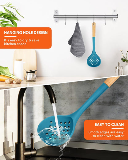 Kitchen Ladle Strainer, Large Slotted Spoon with High Heat Resistant BPA Free, Non Stick Cooking Skimmers For Draining & Frying, 13.2inch (Khaki)