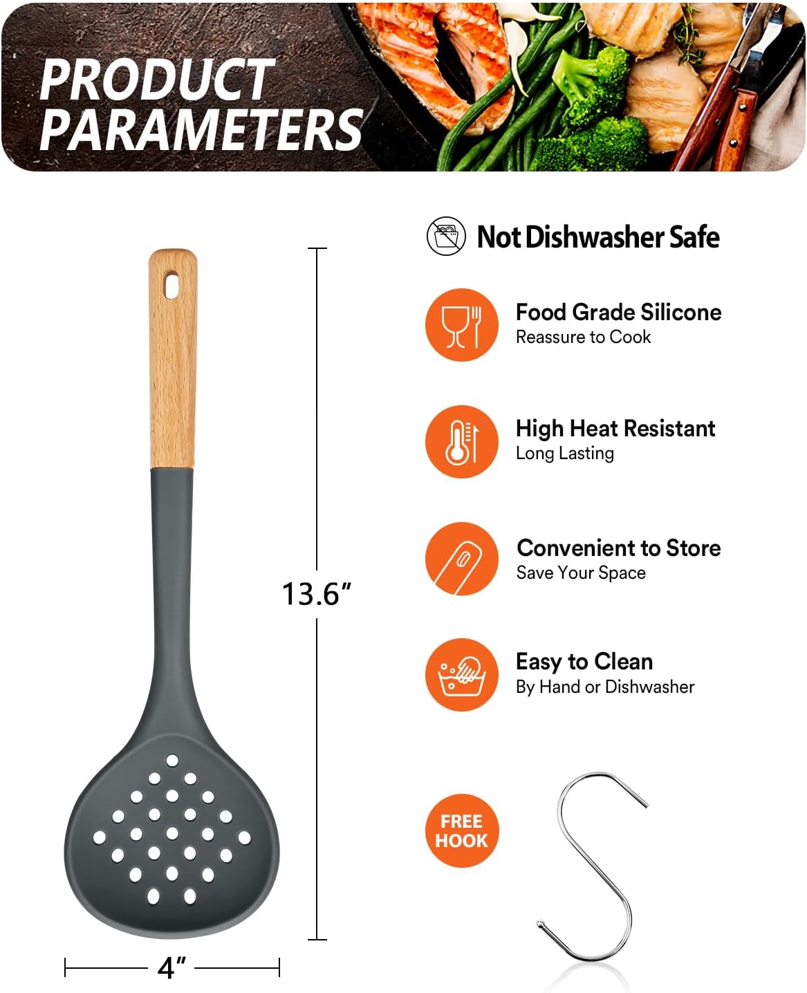 Kitchen Ladle Strainer, Large Slotted Spoon with High Heat Resistant BPA Free, Non Stick Cooking Skimmers For Draining & Frying, 13.2inch (Khaki)