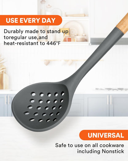 Kitchen Ladle Strainer, Large Slotted Spoon with High Heat Resistant BPA Free, Non Stick Cooking Skimmers For Draining & Frying, 13.2inch (Khaki)