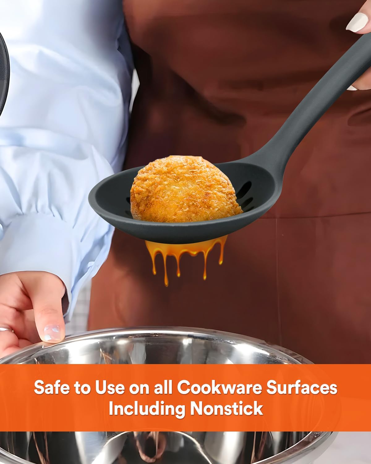 Kitchen Ladle Strainer, Large Slotted Spoon with High Heat Resistant BPA Free, Non Stick Cooking Skimmers For Draining & Frying, 13.2inch (Khaki)