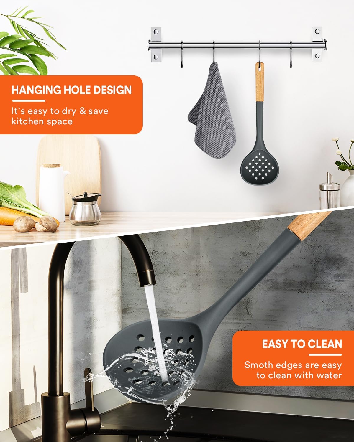 Kitchen Ladle Strainer, Large Slotted Spoon with High Heat Resistant BPA Free, Non Stick Cooking Skimmers For Draining & Frying, 13.2inch (Khaki)