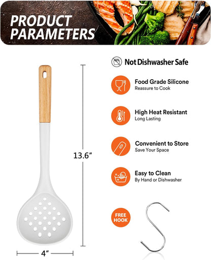 Kitchen Ladle Strainer, Large Slotted Spoon with High Heat Resistant BPA Free, Non Stick Cooking Skimmers For Draining & Frying, 13.2inch (Khaki)