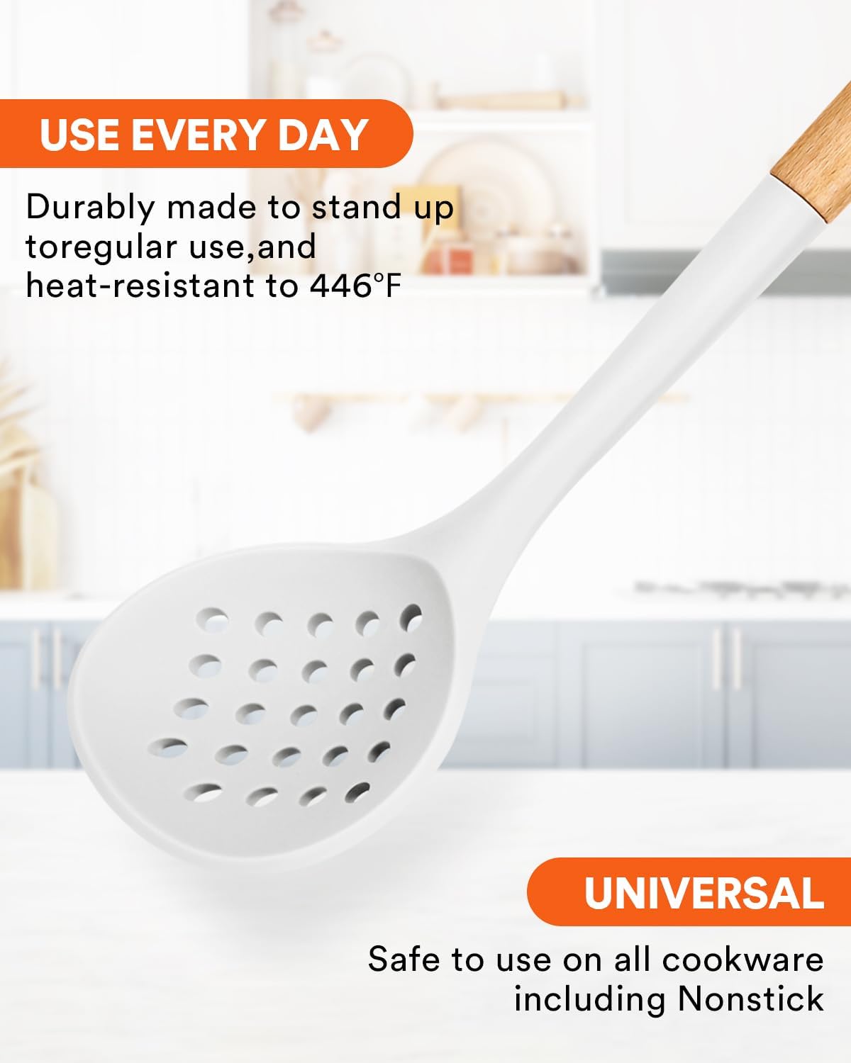 Kitchen Ladle Strainer, Large Slotted Spoon with High Heat Resistant BPA Free, Non Stick Cooking Skimmers For Draining & Frying, 13.2inch (Khaki)