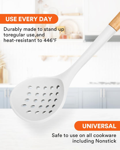Kitchen Ladle Strainer, Large Slotted Spoon with High Heat Resistant BPA Free, Non Stick Cooking Skimmers For Draining & Frying, 13.2inch (Khaki)