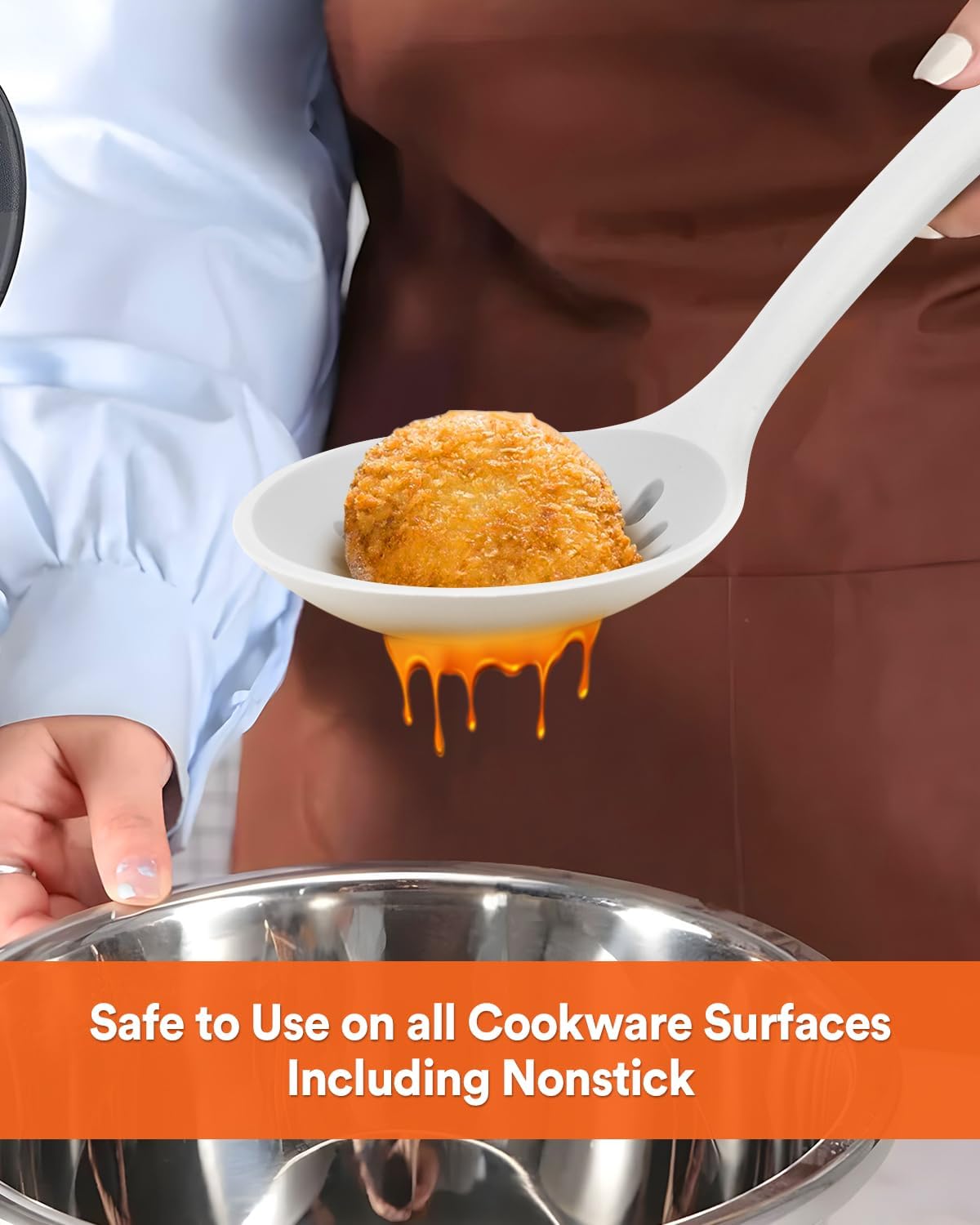Kitchen Ladle Strainer, Large Slotted Spoon with High Heat Resistant BPA Free, Non Stick Cooking Skimmers For Draining & Frying, 13.2inch (Khaki)