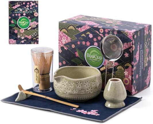 Matcha Whisk Set, Ceramic Matcha Kit Set with Bowl & Tools, Green | 7-piece set includes ceramic bowl, bamboo whisk, scoop, holder, rest, sifter and tea towel for authentic matcha preparation.