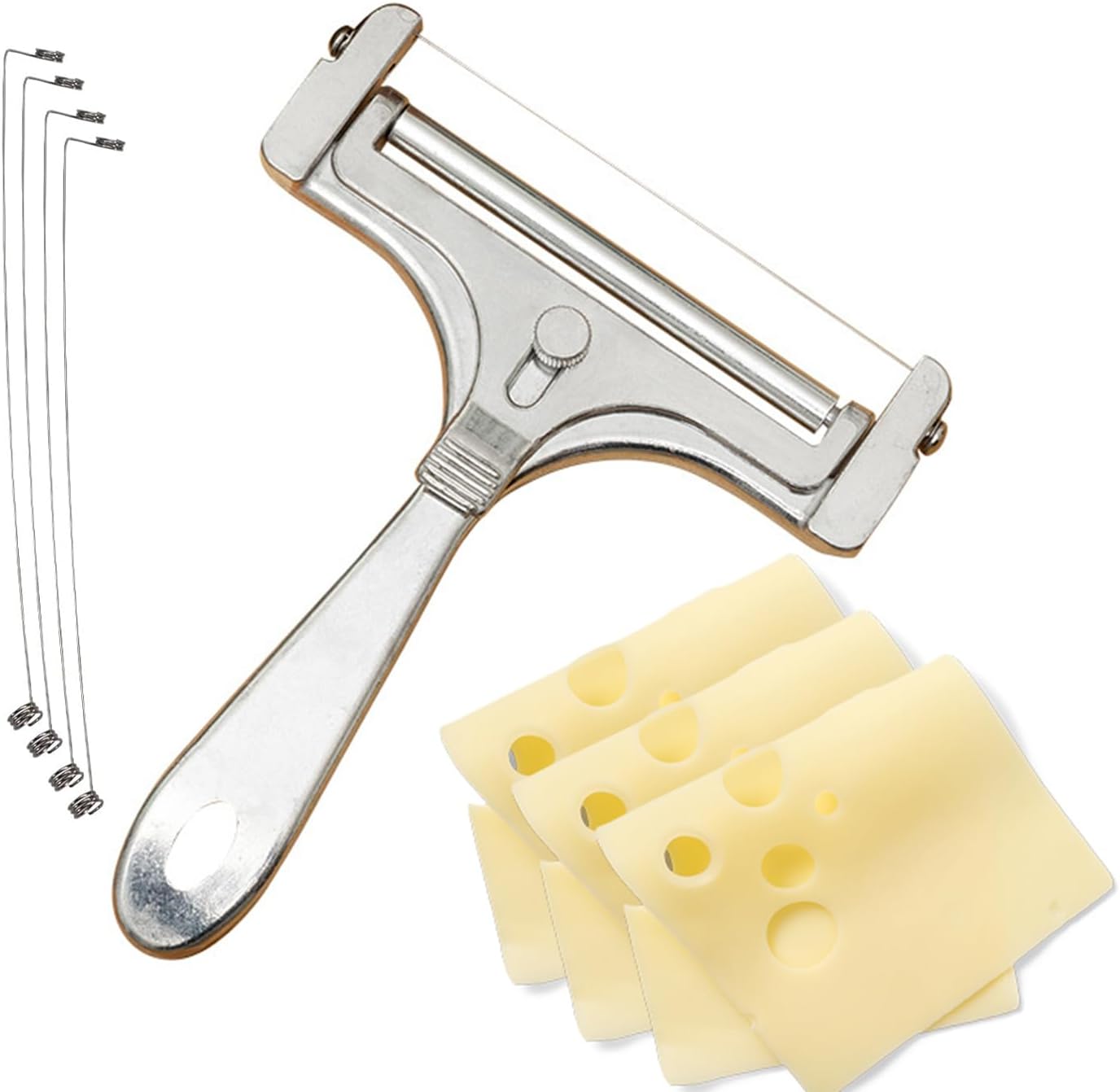 Adjustable Cheese Slicer, Silver | 4 Extra Replacement Wires, Heavy Duty Aluminum, Easy to Replace, Handheld Steel