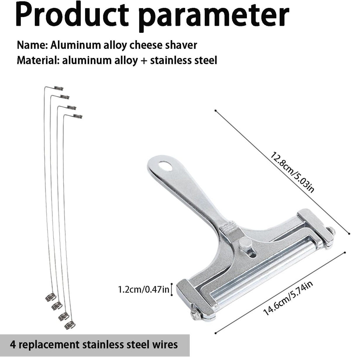 Adjustable Cheese Slicer, Silver | 4 Extra Replacement Wires, Heavy Duty Aluminum, Easy to Replace, Handheld Steel