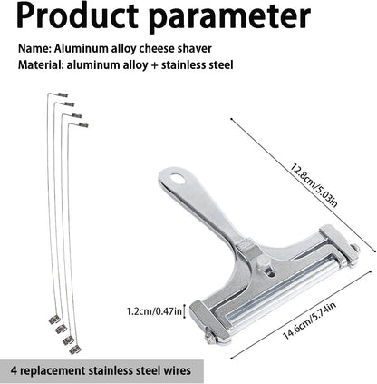 Adjustable Cheese Slicer, Silver | 4 Extra Replacement Wires, Heavy Duty Aluminum, Easy to Replace, Handheld Steel