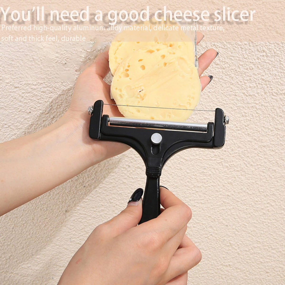 Adjustable Cheese Slicer, Silver | 4 Extra Replacement Wires, Heavy Duty Aluminum, Easy to Replace, Handheld Steel