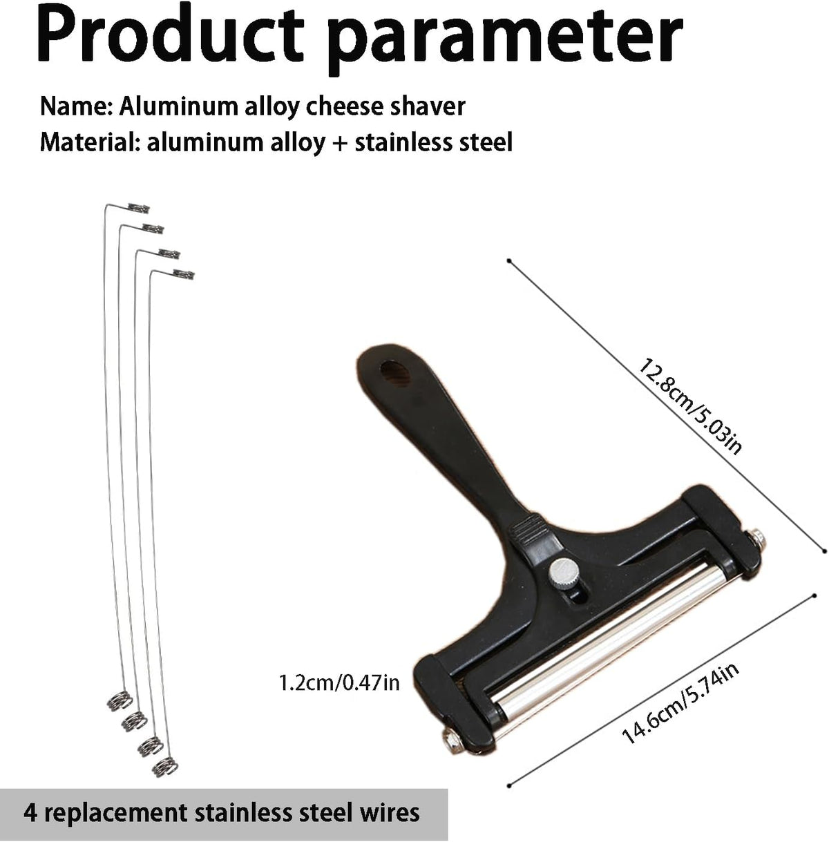 Adjustable Cheese Slicer, Silver | 4 Extra Replacement Wires, Heavy Duty Aluminum, Easy to Replace, Handheld Steel