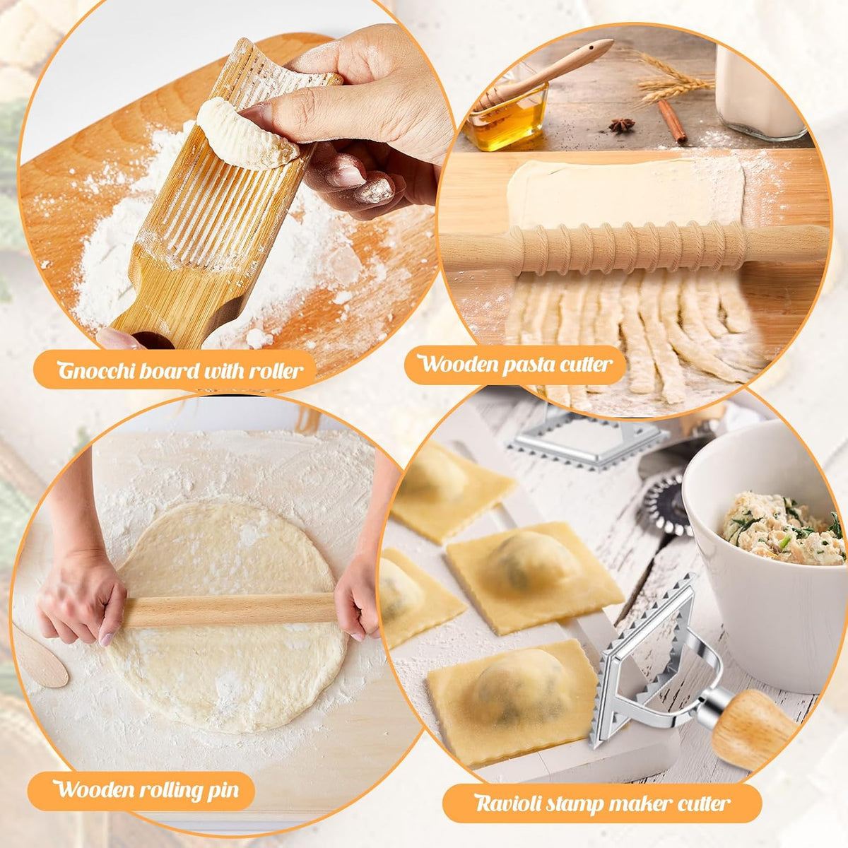 7 Pcs wooden pasta board Kit beechwood, Classic Gnocchi Board Set