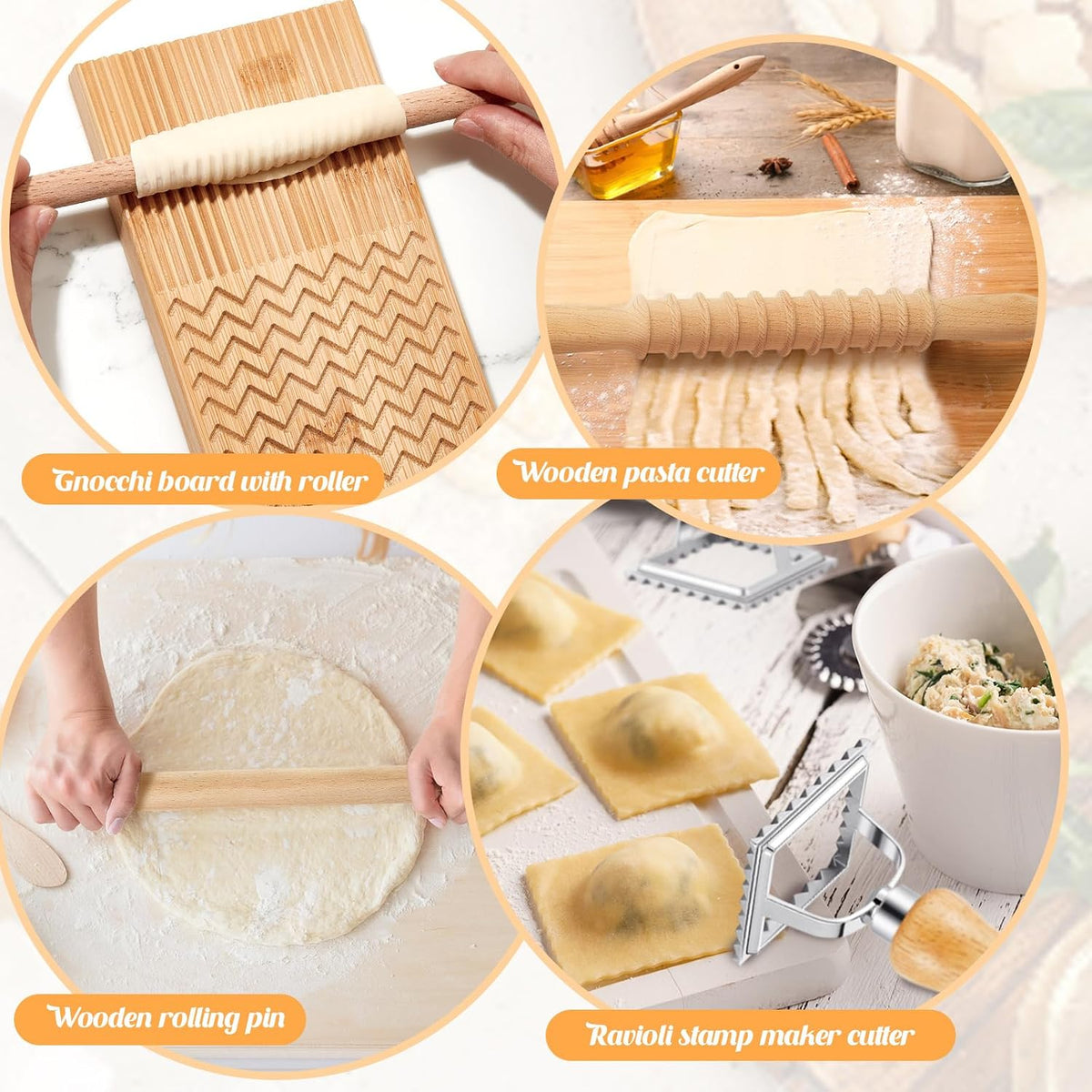 7 Pcs wooden pasta board Kit beechwood, Classic Gnocchi Board Set